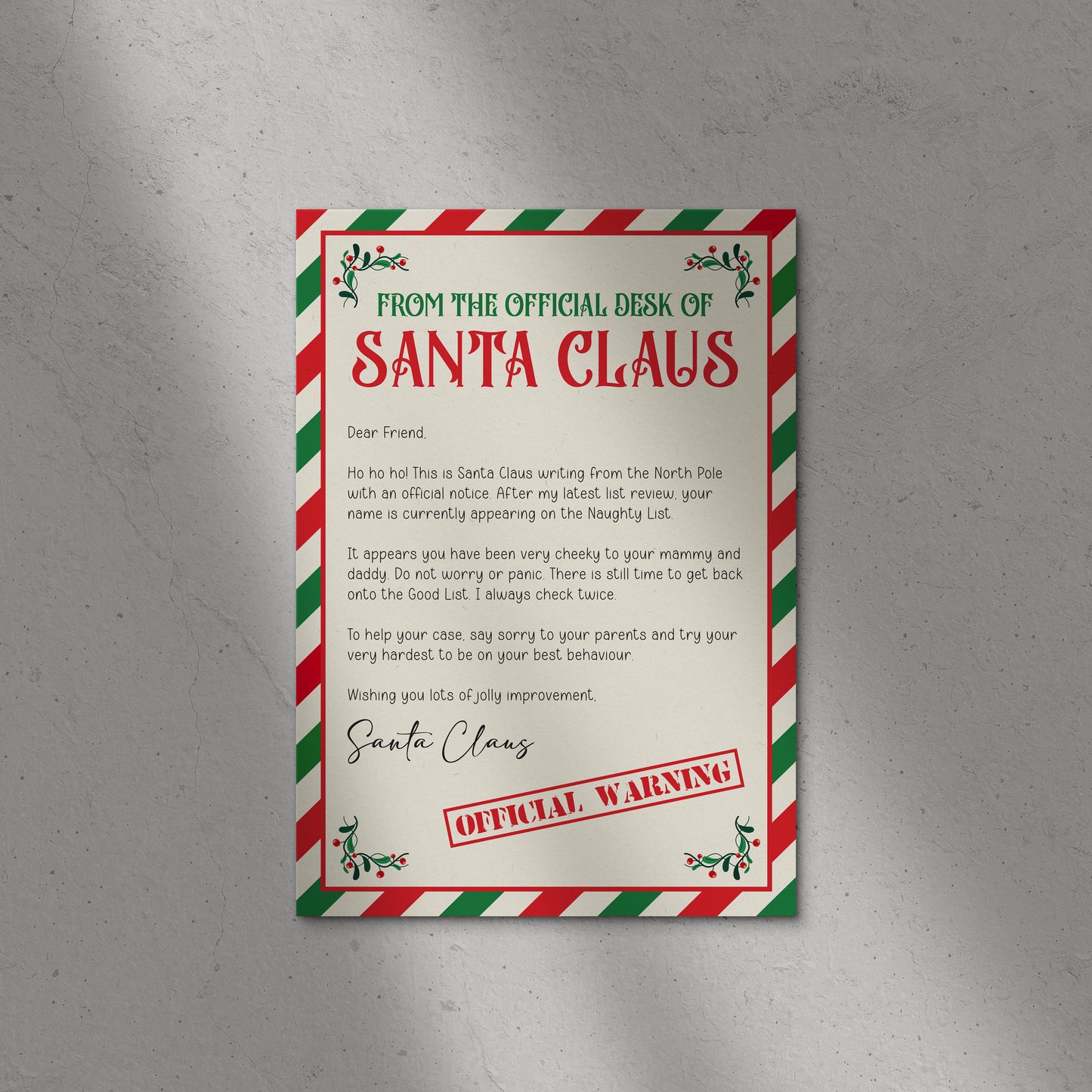 Naughty List Warning Letter